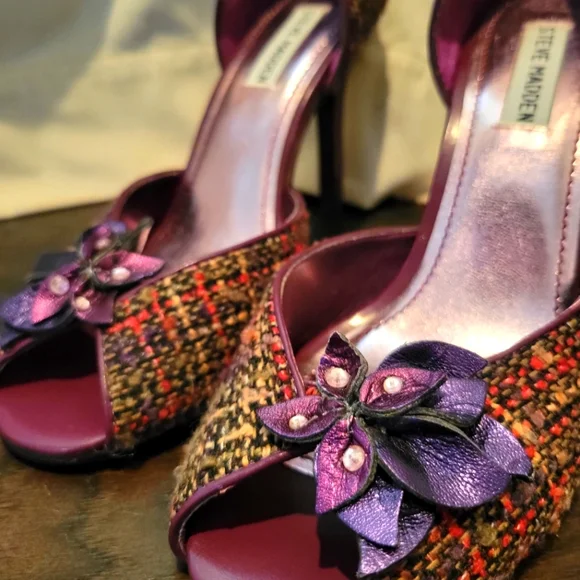Steve Madden Y2K Tweed Heels Purple Multi Rhinestone Flower Vintage *sz 8.5* - Picture 2 of 8